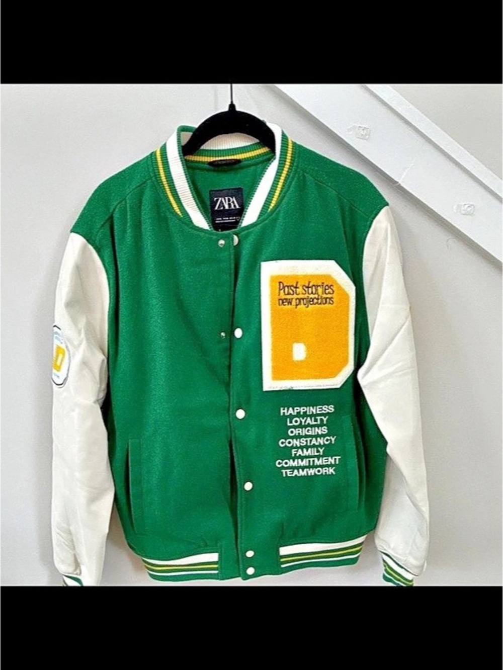 Zara Faux Suede Bomber Jacket with Patches Green & White